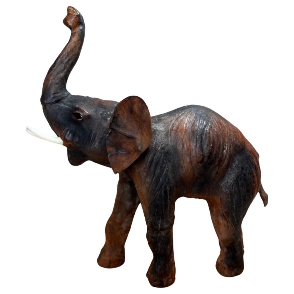 Vintage Leather Wrapped Elephant Table Top Sculpture